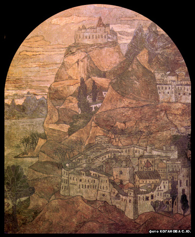 Монастырь на горе Афон в Греции. Живопись в галереи церкви, 1906